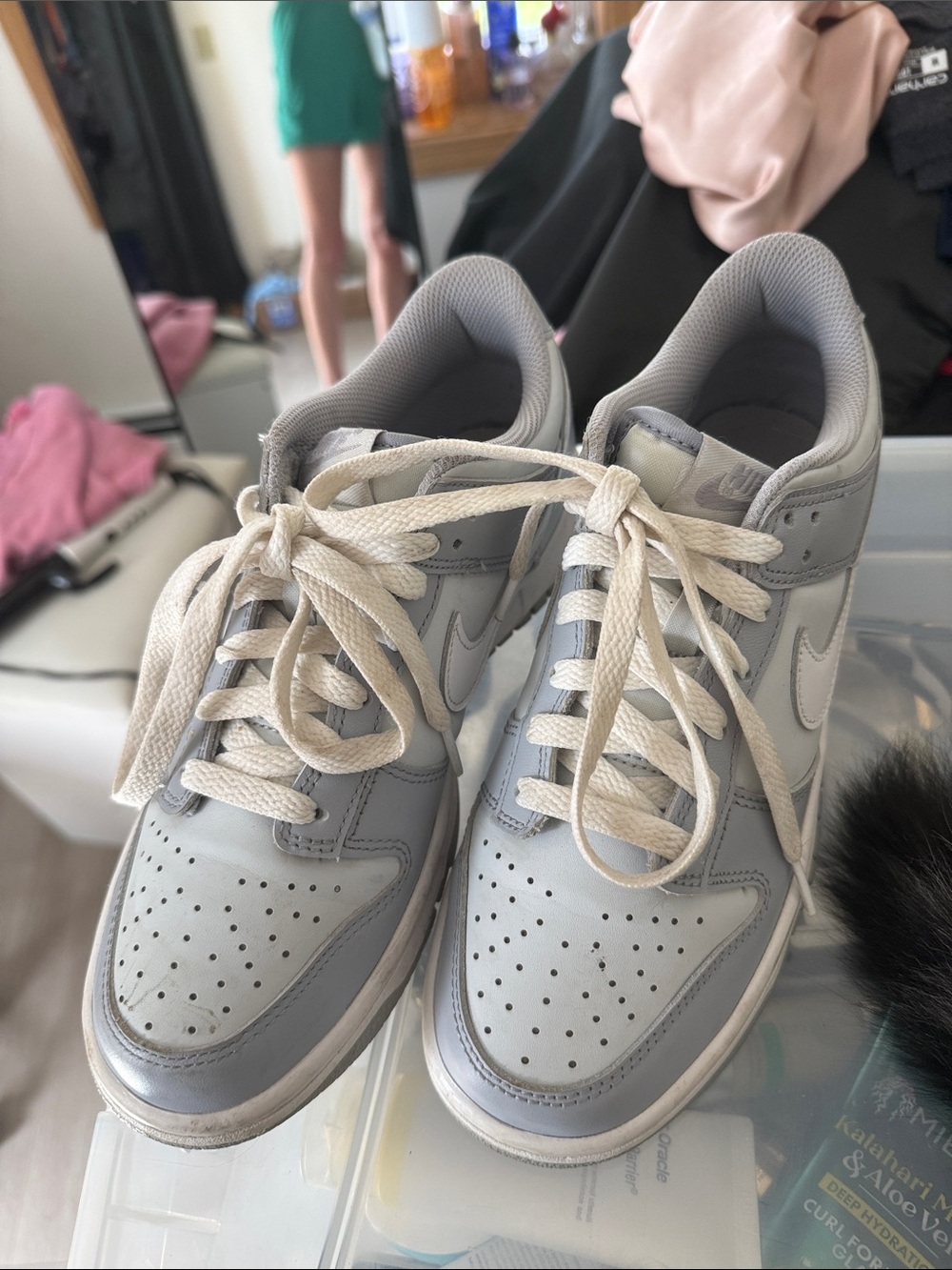 Nike Women’s Low-Top Sneakers in Light Gray and White with Cream Laces